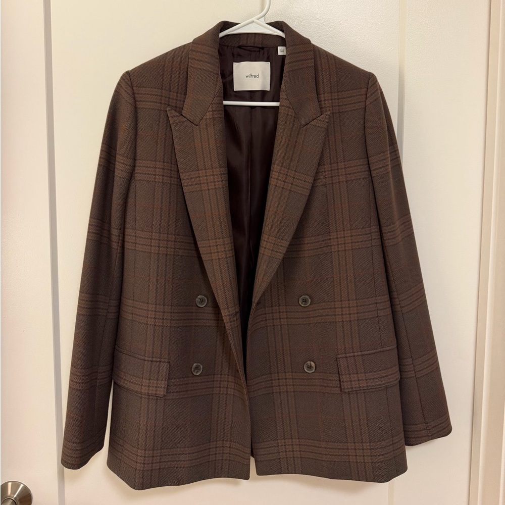 Aritzia Wilfred Chocolate Brown Plaid Double-Breasted Blazer